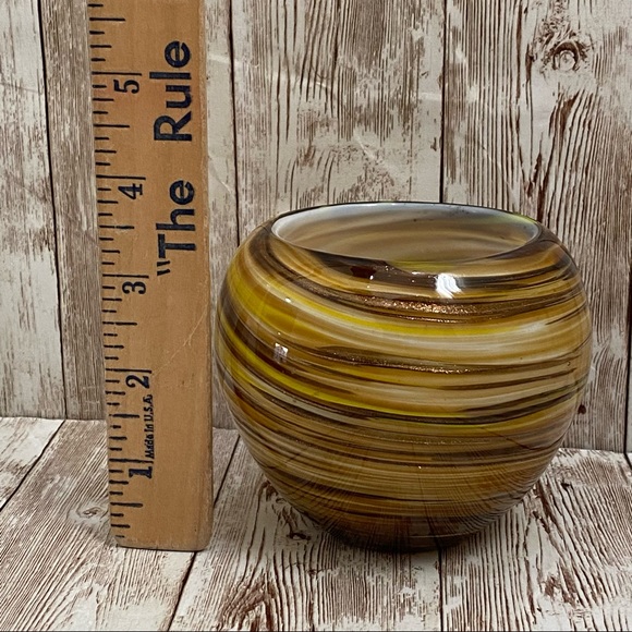 Murano Style Handblown Art Glass Swirl Gold/Brown Globe Candle Holder 3.5” Vase - Picture 7 of 14